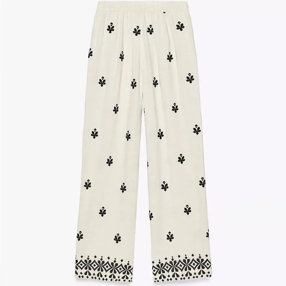 Zara Embroidered Wide Leg Pants New